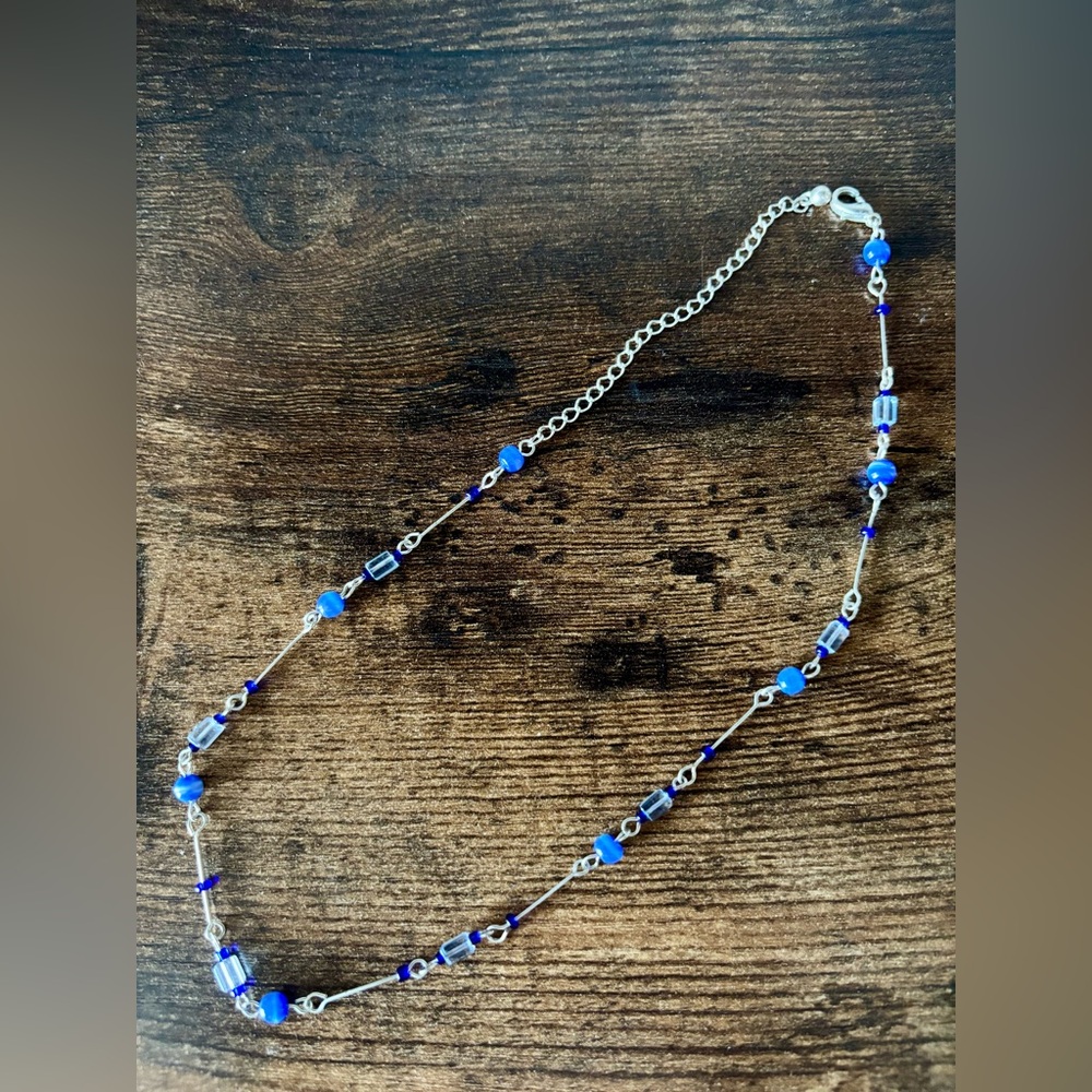 Blue Beaded Women’s Necklace with Silver Chain